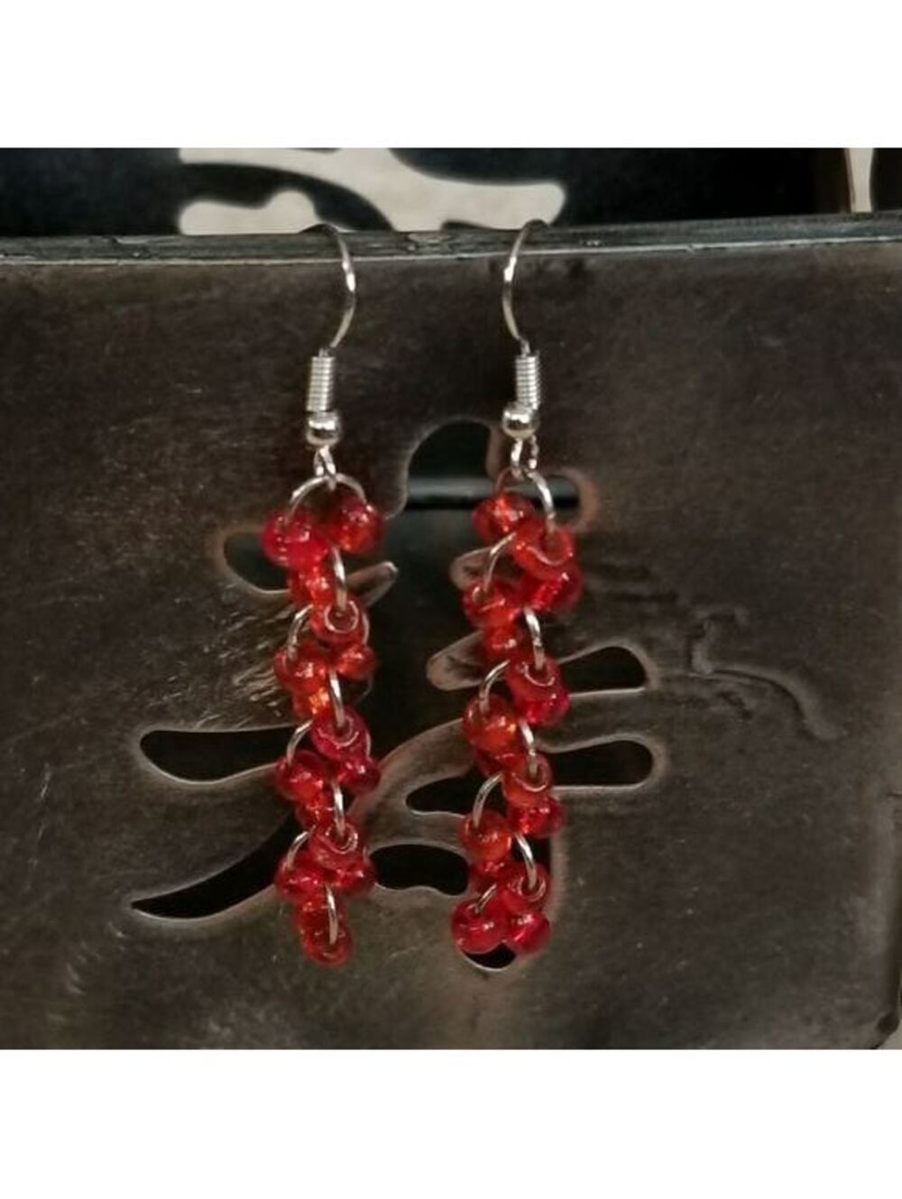 Glass Bead Cascade Drops Earrings Red